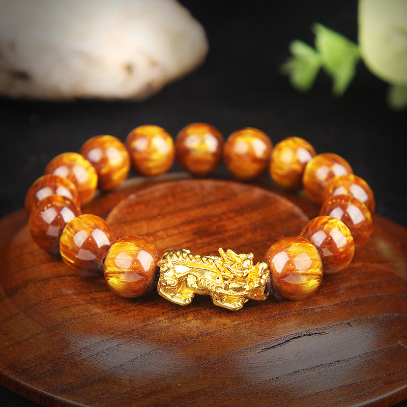 10mm Golden Tiger Eye Pixiu Bracelet for Wealth