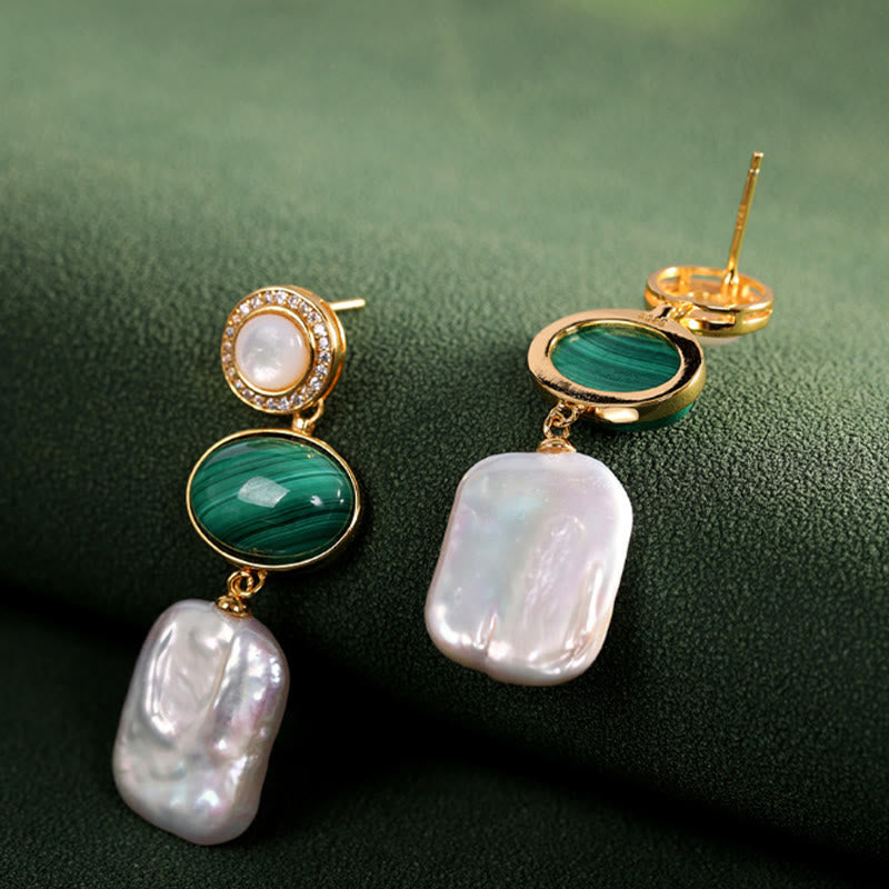 925 Sterling Silver Malachite Baroque Pearl Healing Wisdom Drop Earrings