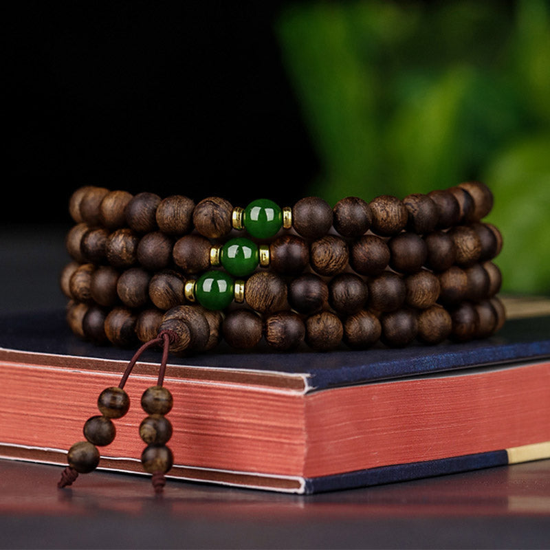 108 Beads Agarwood Cyan Jade Wood Mala Bracelet for Protection