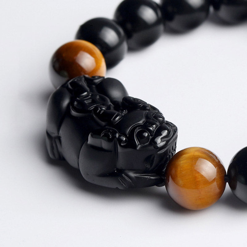 10mm Pixiu Bracelet with Rainbow Obsidian & Tiger Eye for Wealth