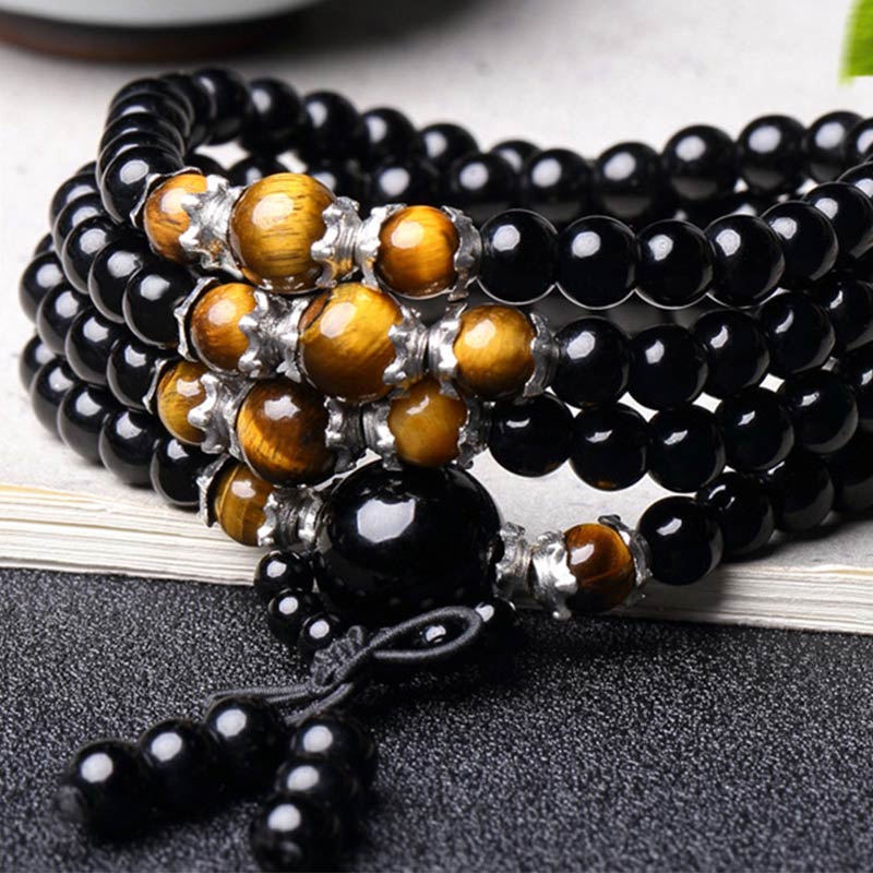 6mm Black Obsidian & Tiger Eye Mala Bracelet for Protection
