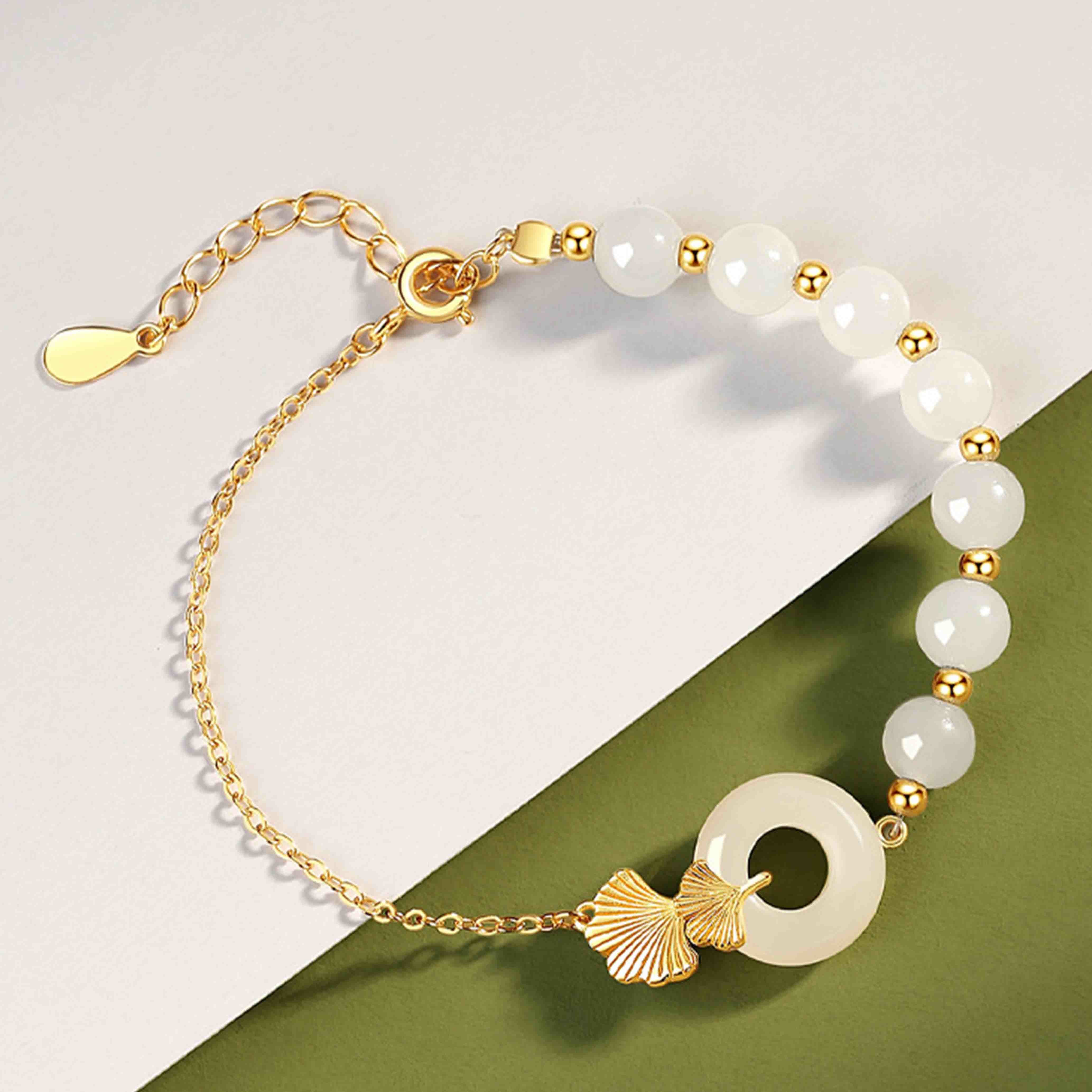 Sterling Silver Hetian White Jade Peace Buckle Luck Bracelet