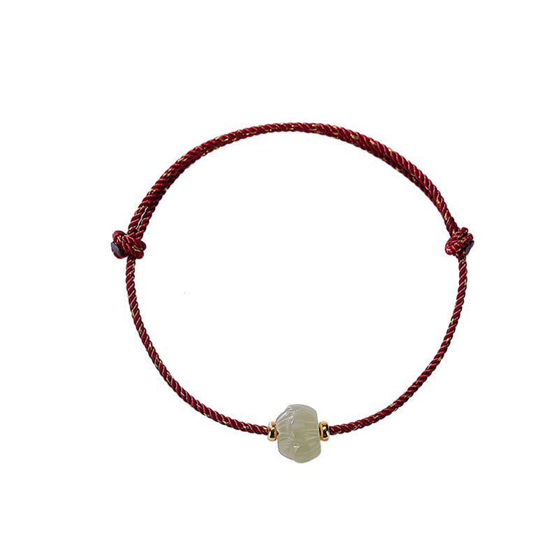 Small Hetian Jade Lotus Luck Red String Bracelet 6x8mm
