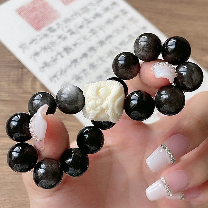 Unisex Silver Sheen Obsidian Protection Bracelet 12mm Bodhi Seed