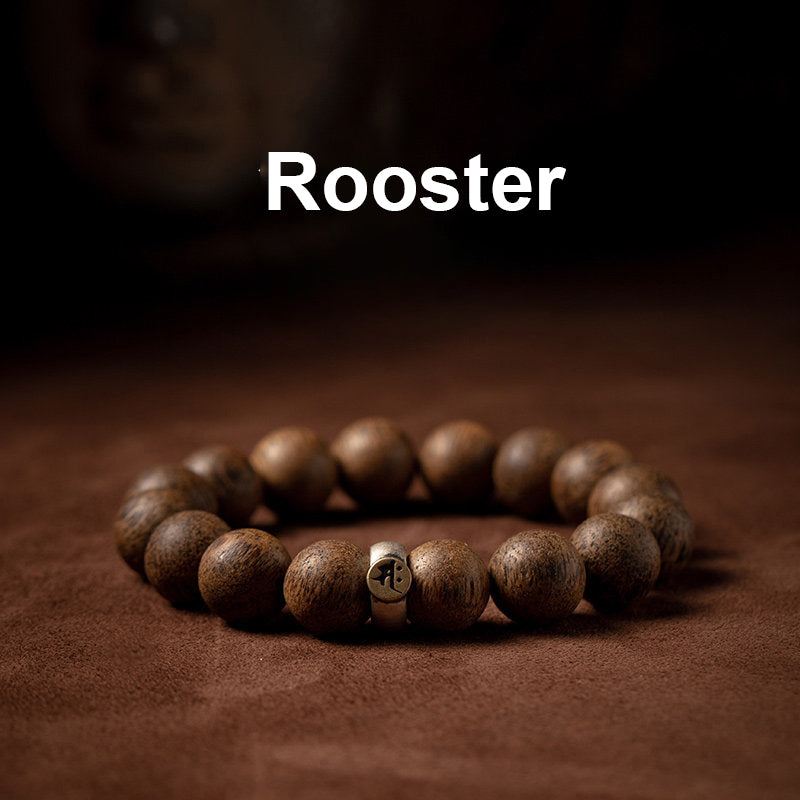 Bracelet de paix en bois d'agar naturel avec perles de 12 mm et symbole du zodiaque chinois