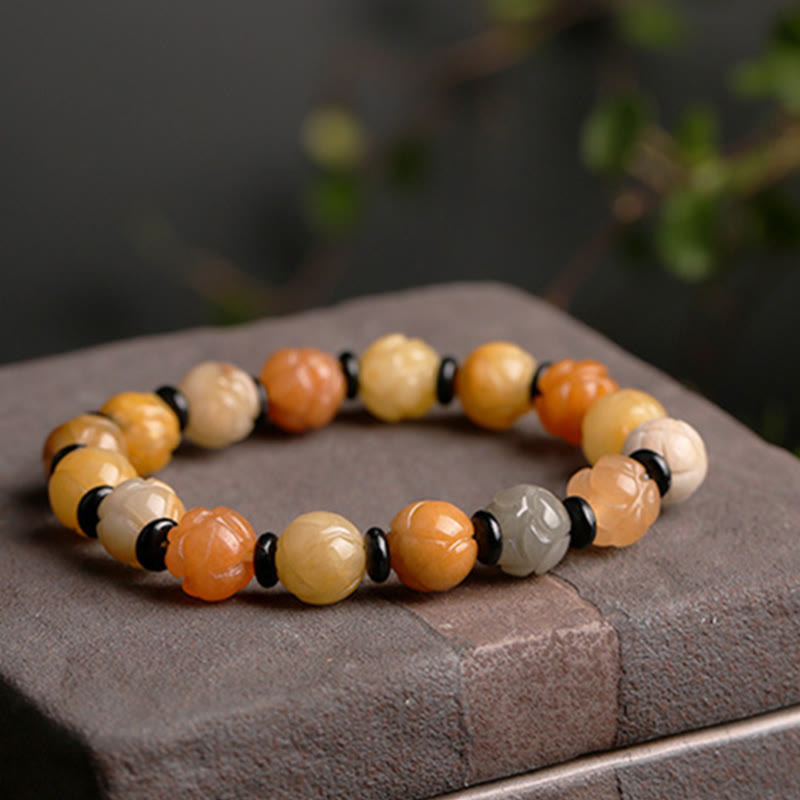 10mm Golden Silk Jade Lotus Wealth Luck Bracelet
