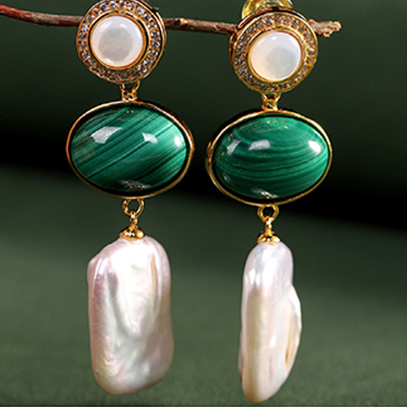 925 Sterling Silver Malachite Baroque Pearl Healing Wisdom Drop Earrings