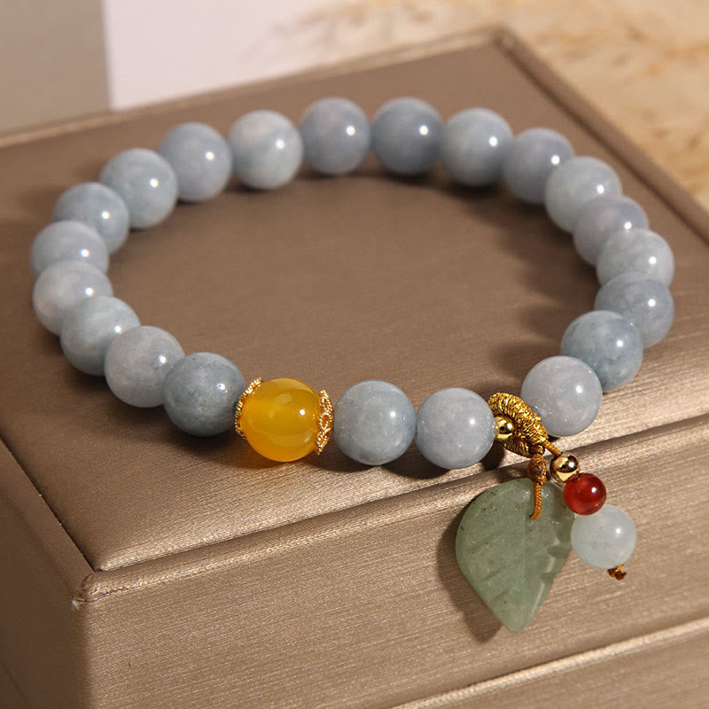 8mm Aquamarine Jade Leaf Healing Charm Bracelet