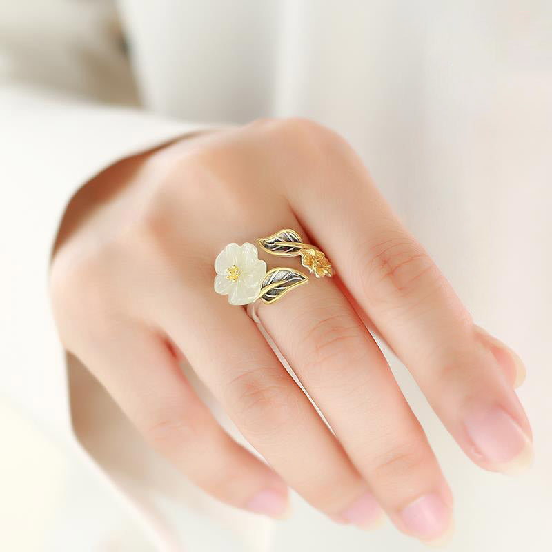 Unisex White Jade Luck Ring with 925 Silver Plated Copper Plum Flower