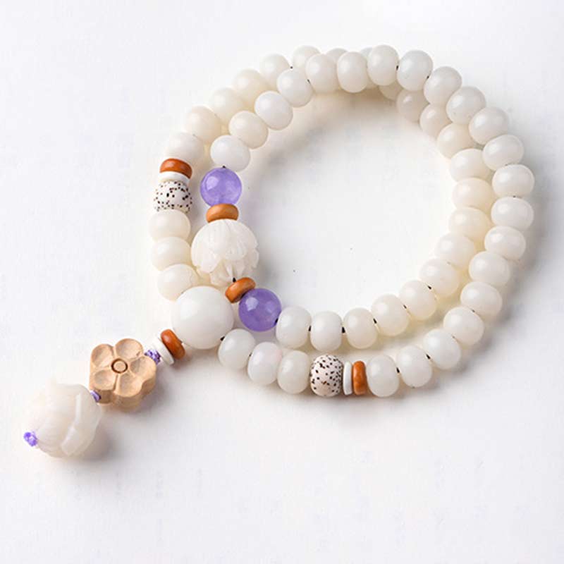Bracelet Lotus unisexe avec jade blanc, graines de Bodhi et bénédictions