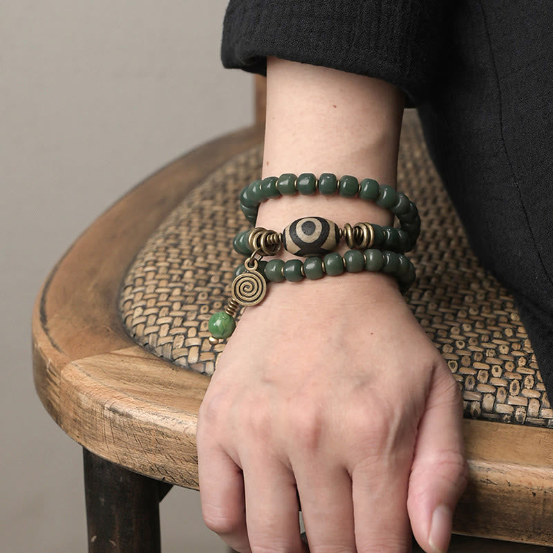 Unisex Cyan Bodhi Seed Dzi Bead Triple Wrap Bracelet