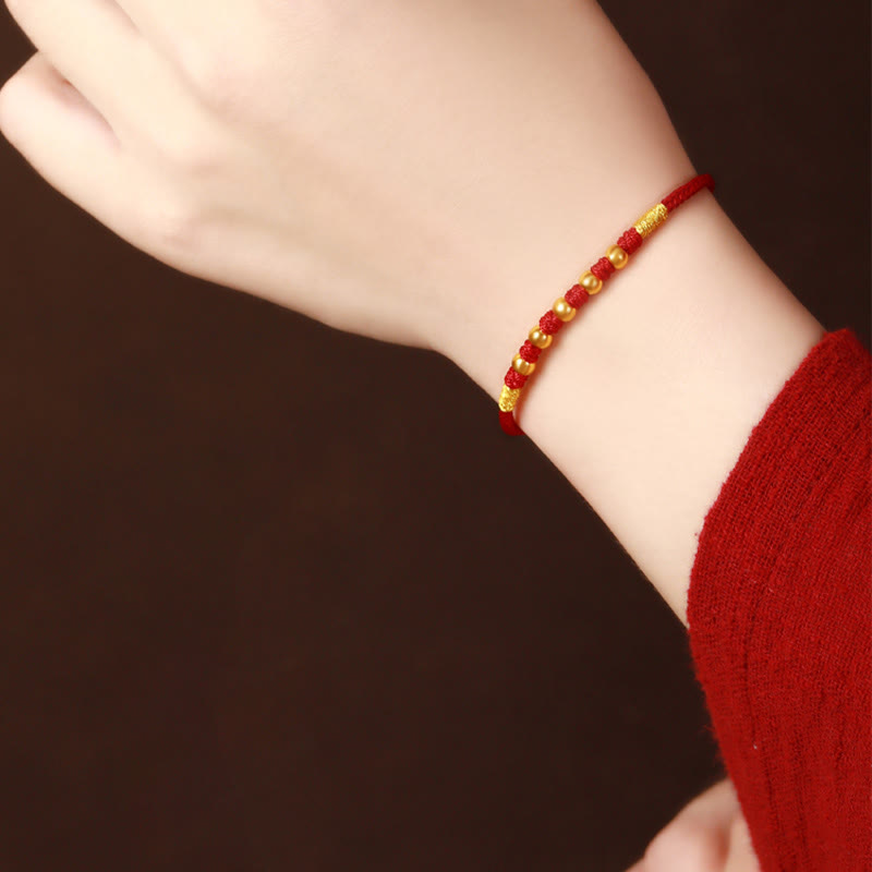 Handmade Red String Bracelet with 999 Gold Beads and King Kong Knot for Protection