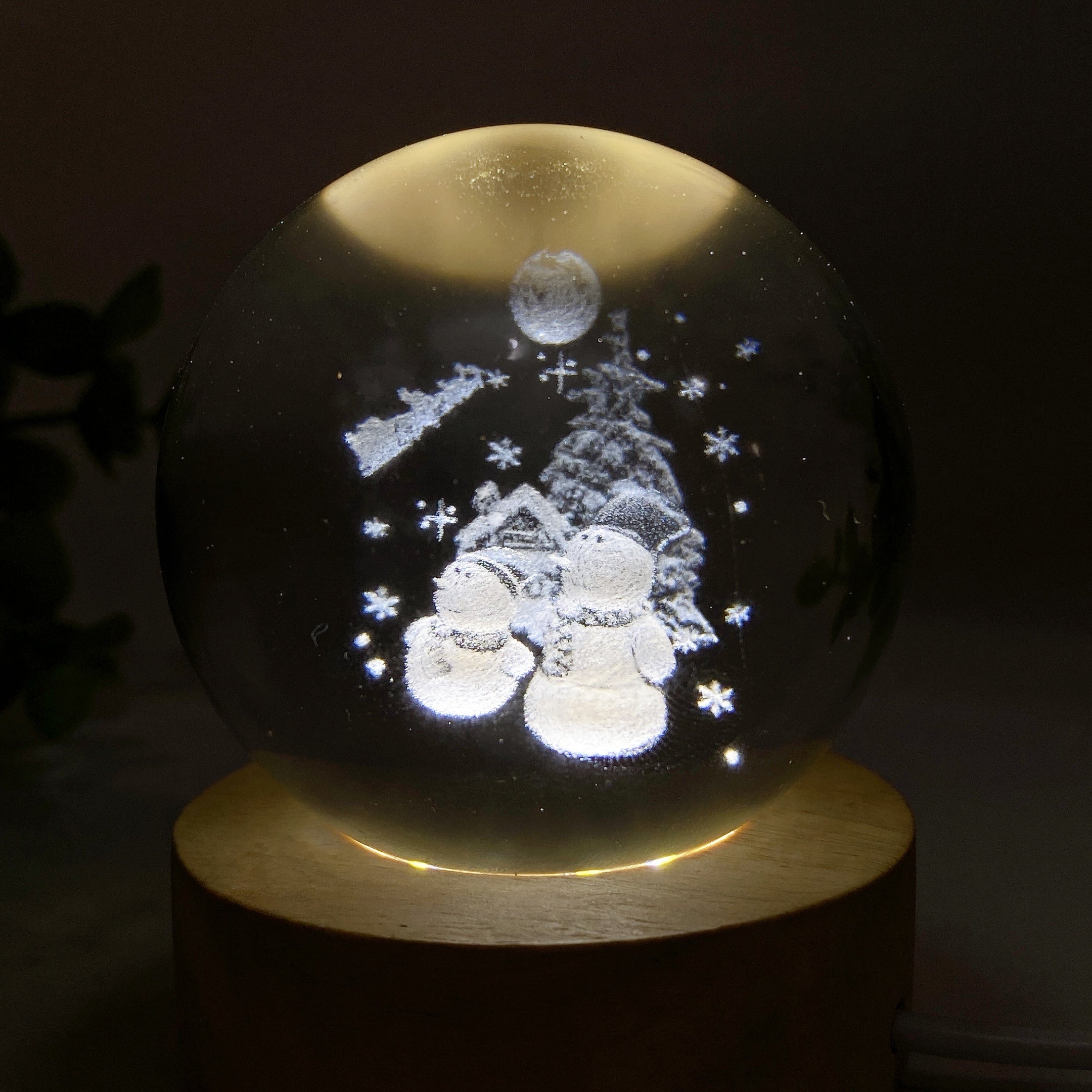 6cm Crystal Sphere with 3D Christmas Carving on Wooden Lamp Stand