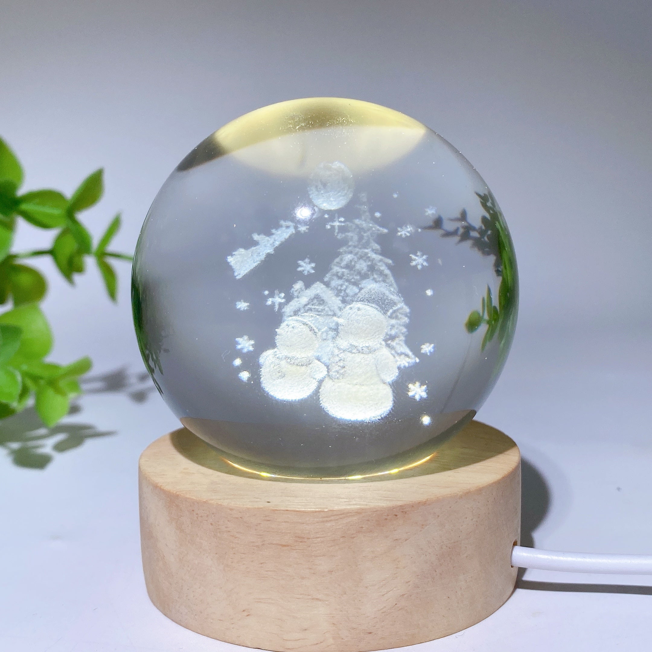 6cm Crystal Sphere with 3D Christmas Carving on Wooden Lamp Stand