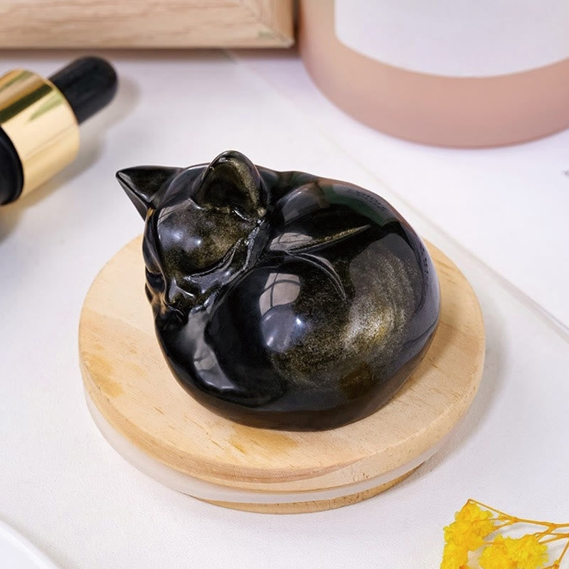 Statue de chat endormi en obsidienne dorée brillante de 6 cm, décoration spirituelle