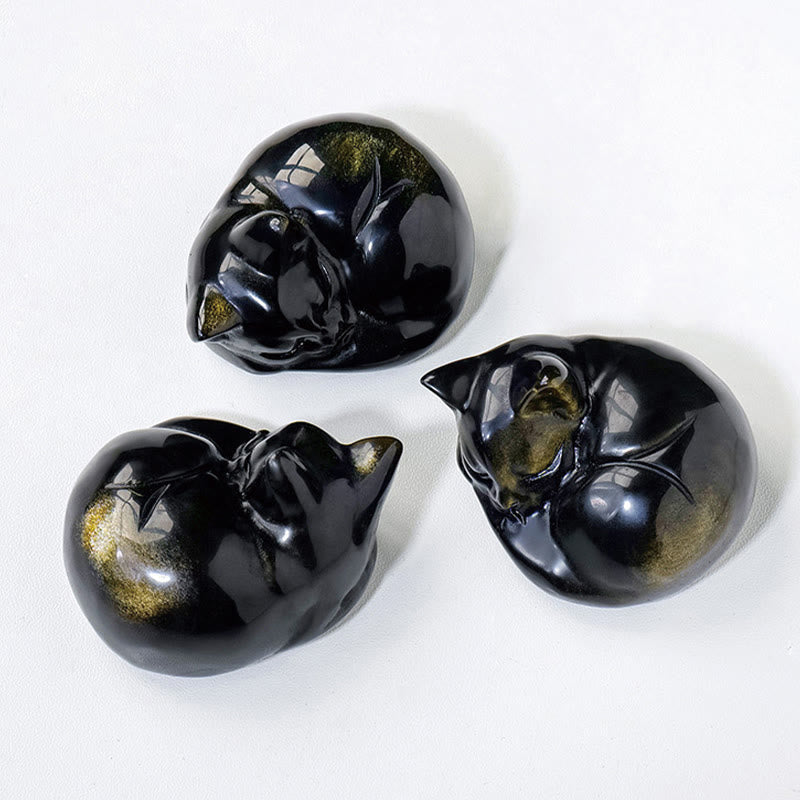 Statue de chat endormi en obsidienne dorée brillante de 6 cm, décoration spirituelle
