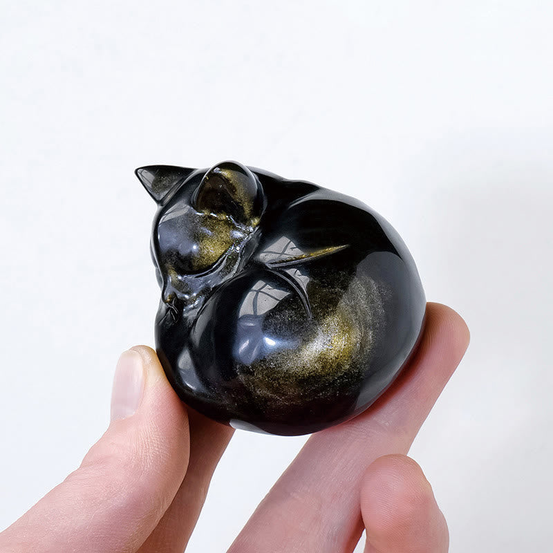 Statue de chat endormi en obsidienne dorée brillante de 6 cm, décoration spirituelle