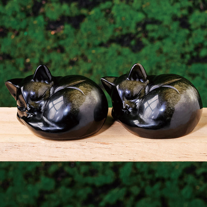 Statue de chat endormi en obsidienne dorée brillante de 6 cm, décoration spirituelle
