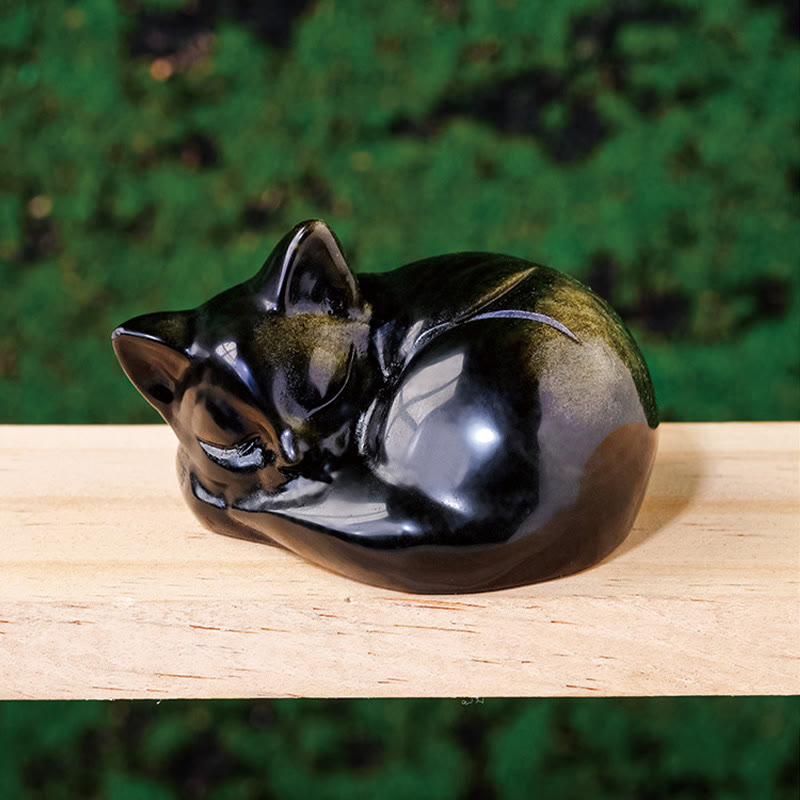 Statue de chat endormi en obsidienne dorée brillante de 6 cm, décoration spirituelle