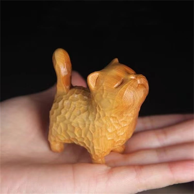 Figurine de chat en Thuja Sutchuenensis et buis de 6 cm pour la prospérité et l'ancrage