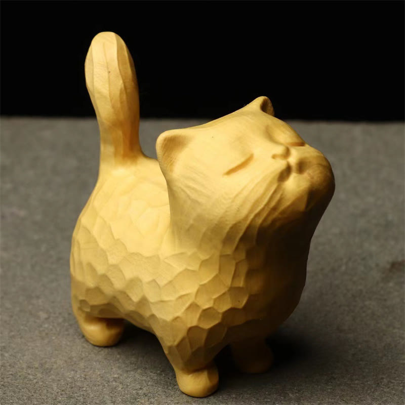 Figurine de chat en Thuja Sutchuenensis et buis de 6 cm pour la prospérité et l'ancrage