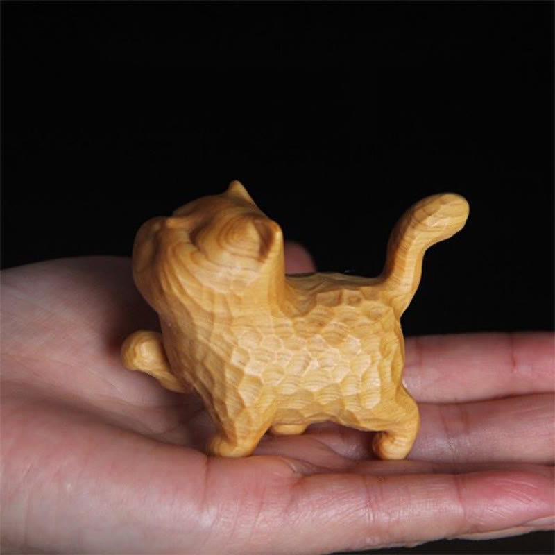 Figurine de chat en Thuja Sutchuenensis et buis de 6 cm pour la prospérité et l'ancrage