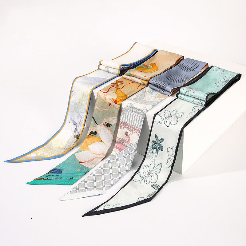 Écharpe en twilly de soie de mûrier 6 cm x 125 cm | Motif fresques de Dunhuang au coucher du soleil