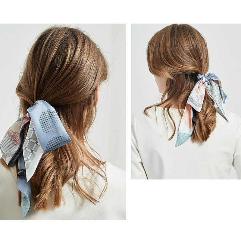 Écharpe en twilly de soie de mûrier 6 cm x 125 cm | Motif fresques de Dunhuang au coucher du soleil