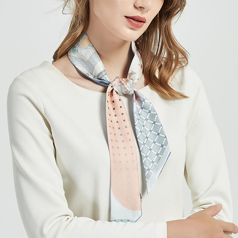 Écharpe en twilly de soie de mûrier 6 cm x 125 cm | Motif fresques de Dunhuang au coucher du soleil