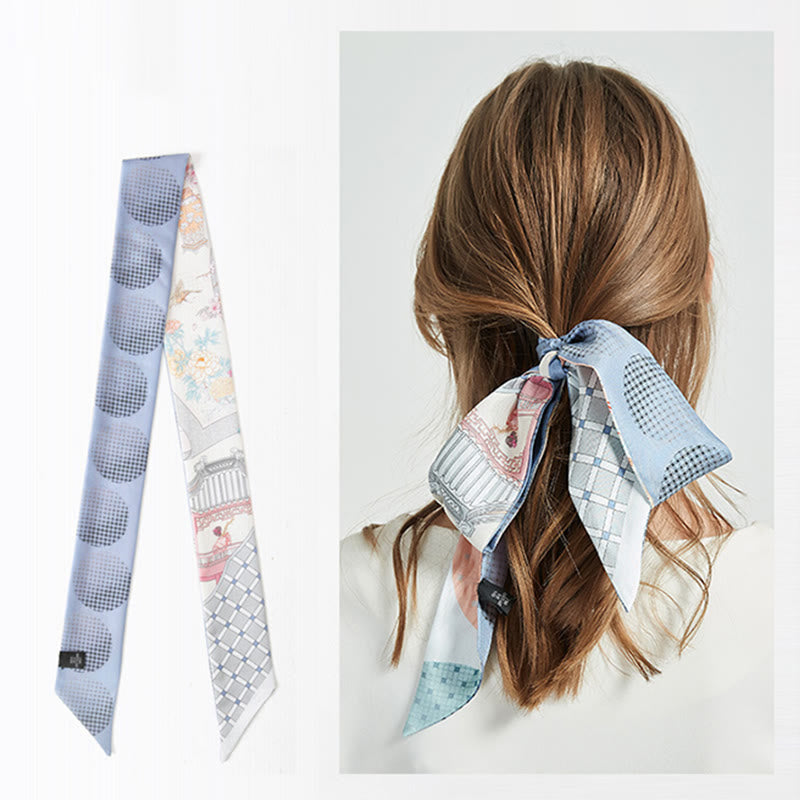 Écharpe en twilly de soie de mûrier 6 cm x 125 cm | Motif fresques de Dunhuang au coucher du soleil