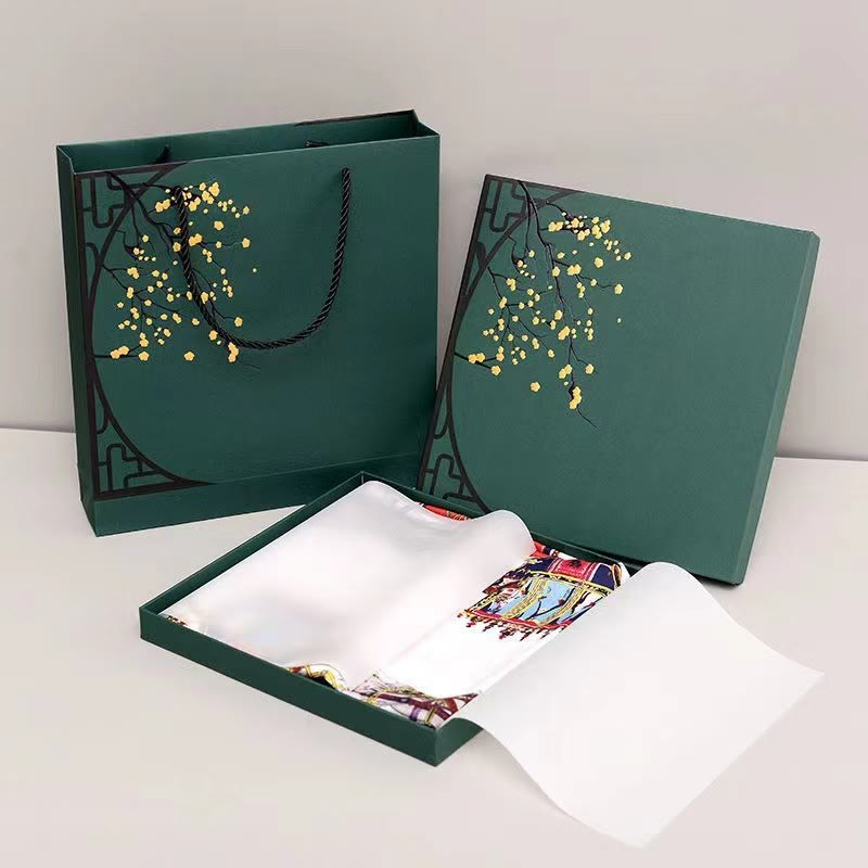 Écharpe en twilly de soie de mûrier 6 cm x 125 cm | Motif fresques de Dunhuang au coucher du soleil