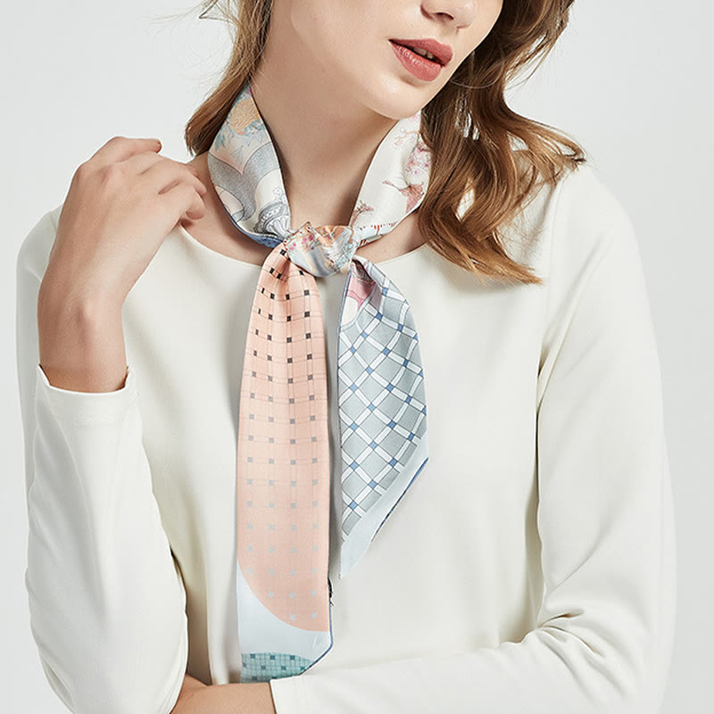 Écharpe en twilly de soie de mûrier 6 cm x 125 cm | Motif fresques de Dunhuang au coucher du soleil