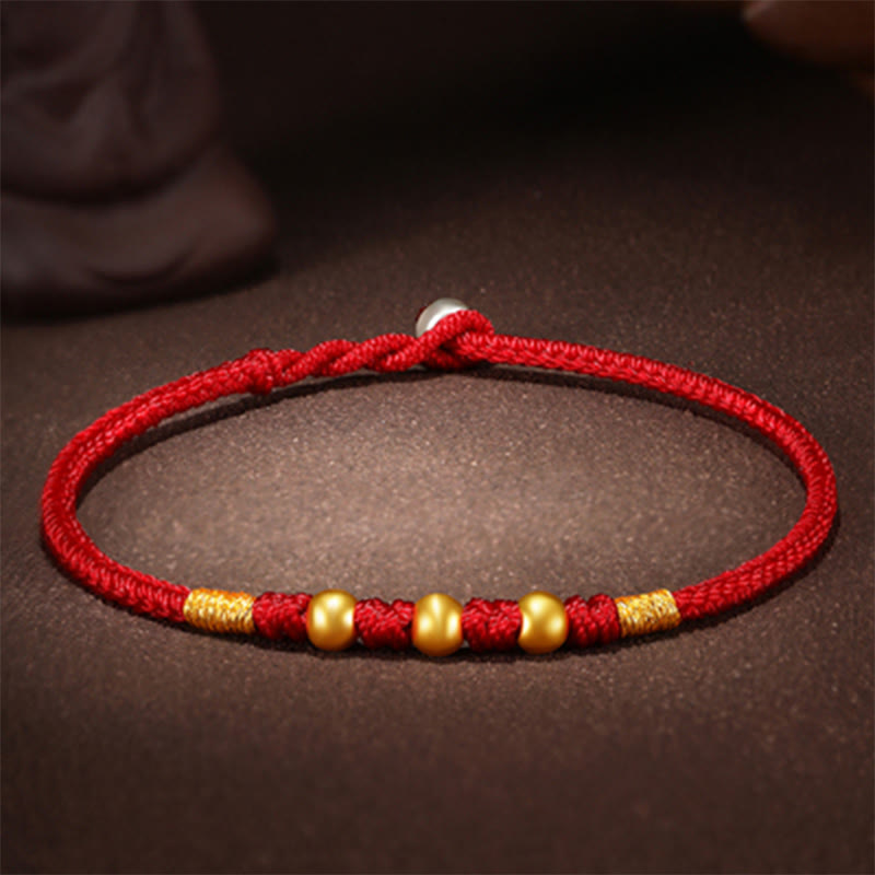Handmade Red String Bracelet with 999 Gold Beads and King Kong Knot for Protection