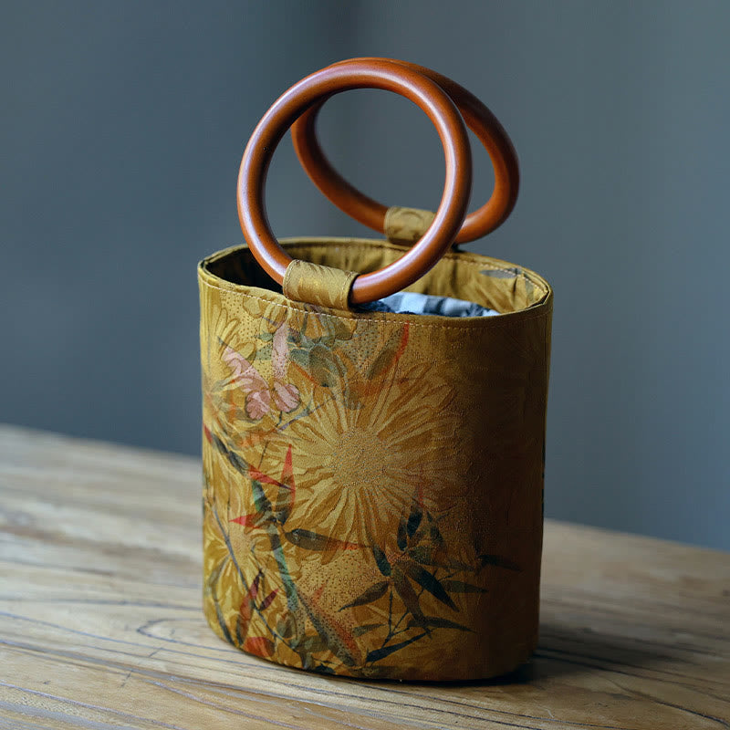 Spiritual Bamboo Leaf Butterfly Wood Handle Handbag
