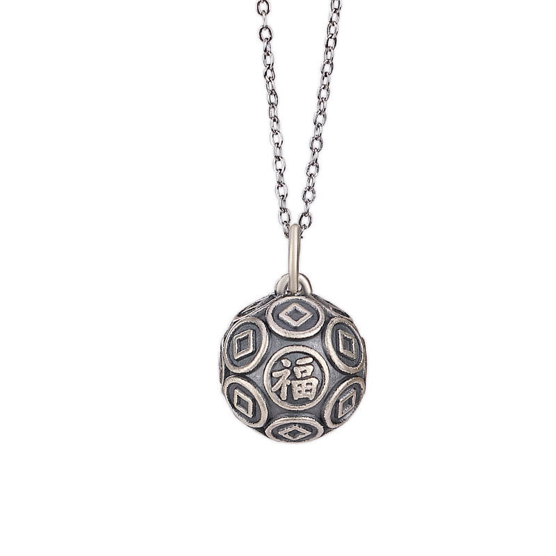 990 Sterling Silver Fu Character Luck Pendant Necklace