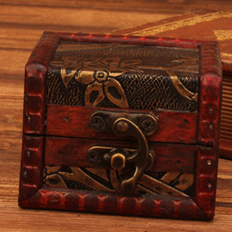 Retro Small Square Wood Jewelry Box with Lotus Design