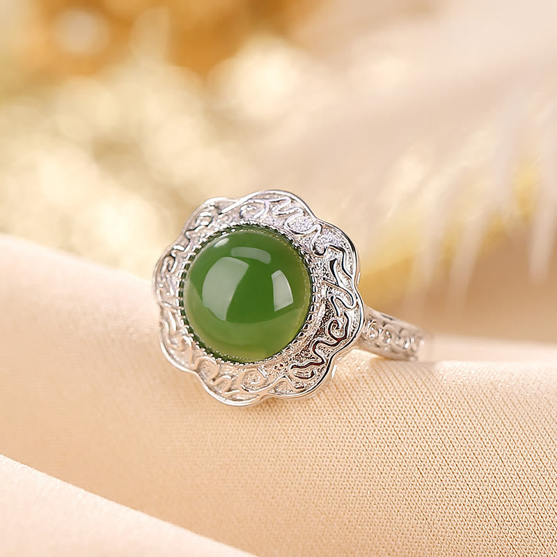 Adjustable 925 Sterling Silver Hetian Cyan Jade Luck Ring