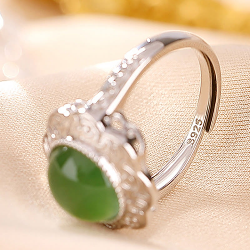 Adjustable 925 Sterling Silver Hetian Cyan Jade Luck Ring