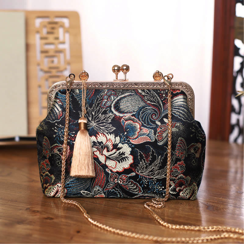 Vintage Flower Butterfly Crane Sea Waves Metal Chain Shoulder Bag