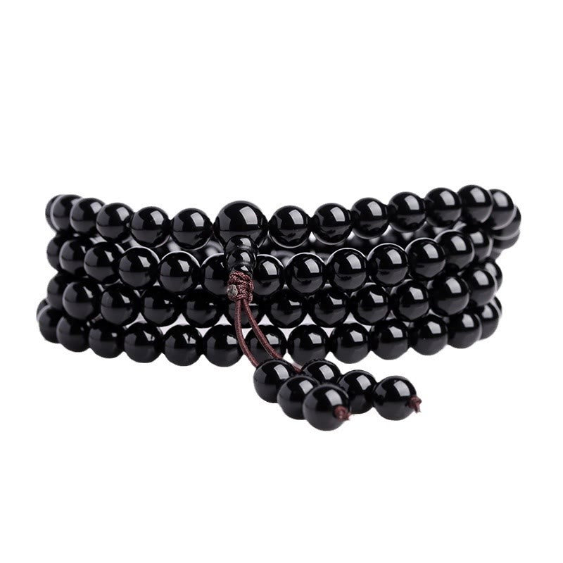 Bracelet Mala 108 perles en obsidienne noire œil de tigre de 6 mm