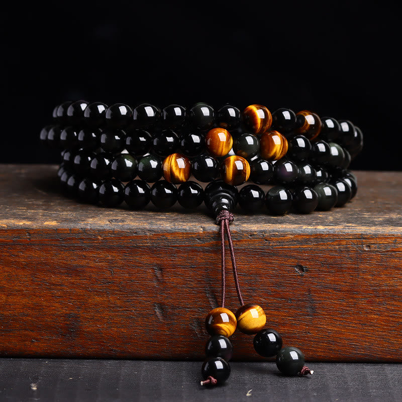 Bracelet Mala 108 perles en obsidienne noire œil de tigre de 6 mm