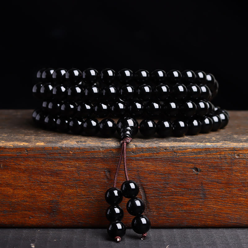 Bracelet Mala 108 perles en obsidienne noire œil de tigre de 6 mm