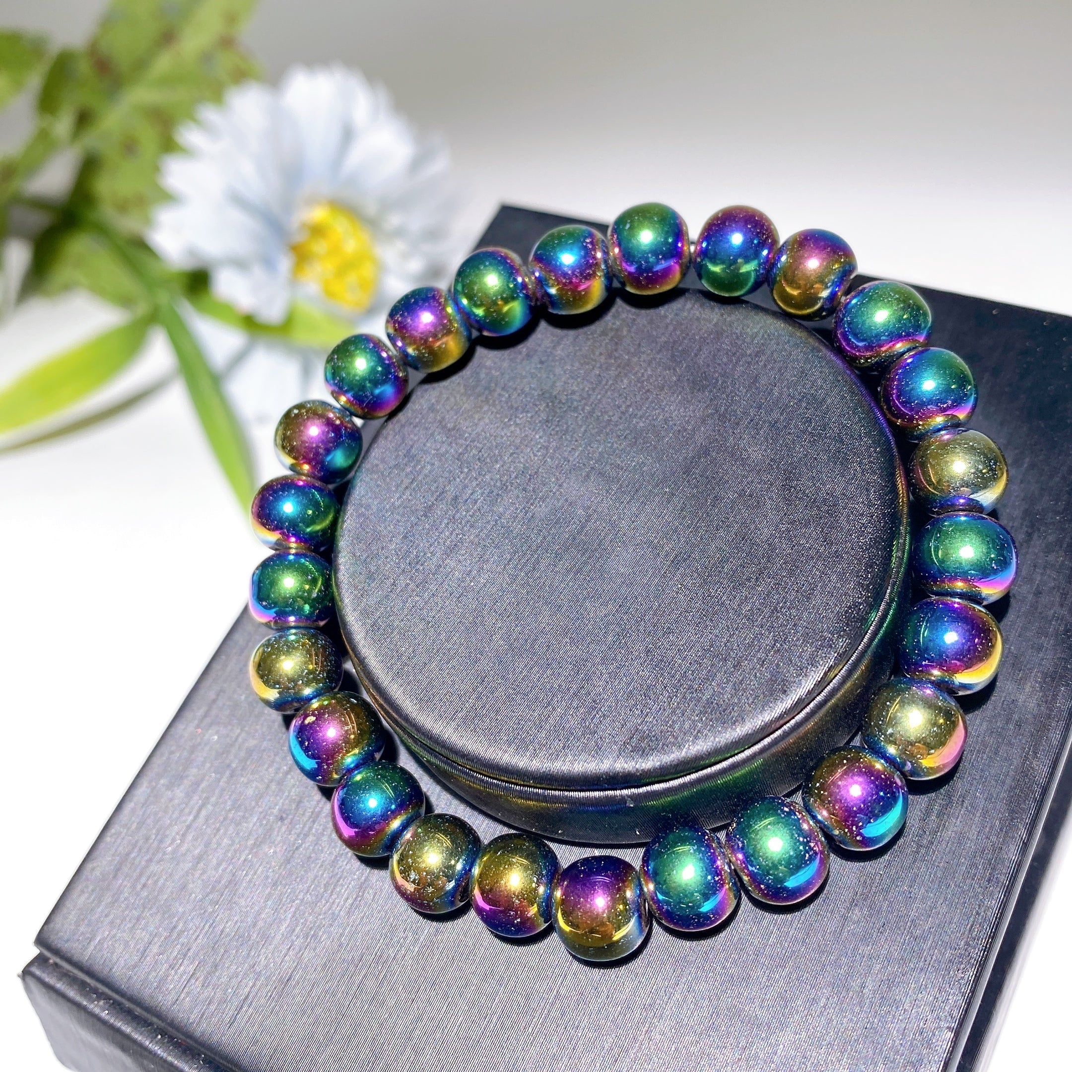 6mm Black Tourmaline & 8mm Aura Hematite Spiritual Bead Bracelet