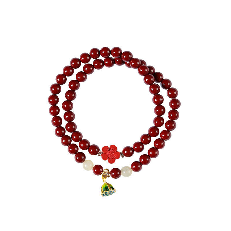Bracelet double tour avec breloque lotus cinabre 6 mm, bénédiction