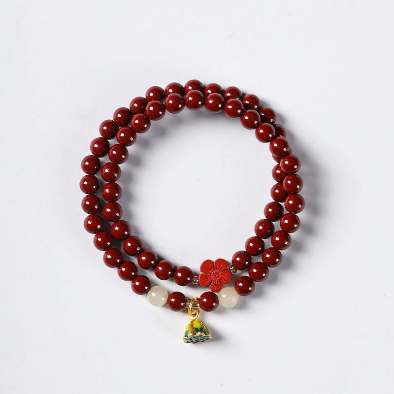 Bracelet double tour avec breloque lotus cinabre 6 mm, bénédiction