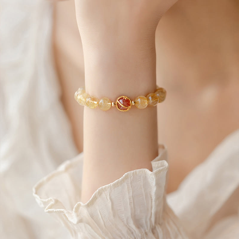Bracelet de protection en quartz rutile doré de 6 mm et quartz fraise