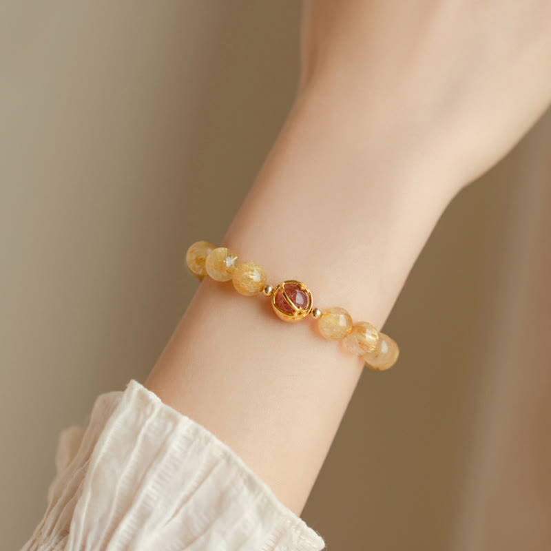 Bracelet de protection en quartz rutile doré de 6 mm et quartz fraise
