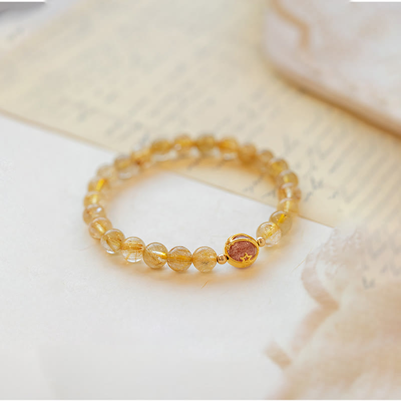 Bracelet de protection en quartz rutile doré de 6 mm et quartz fraise