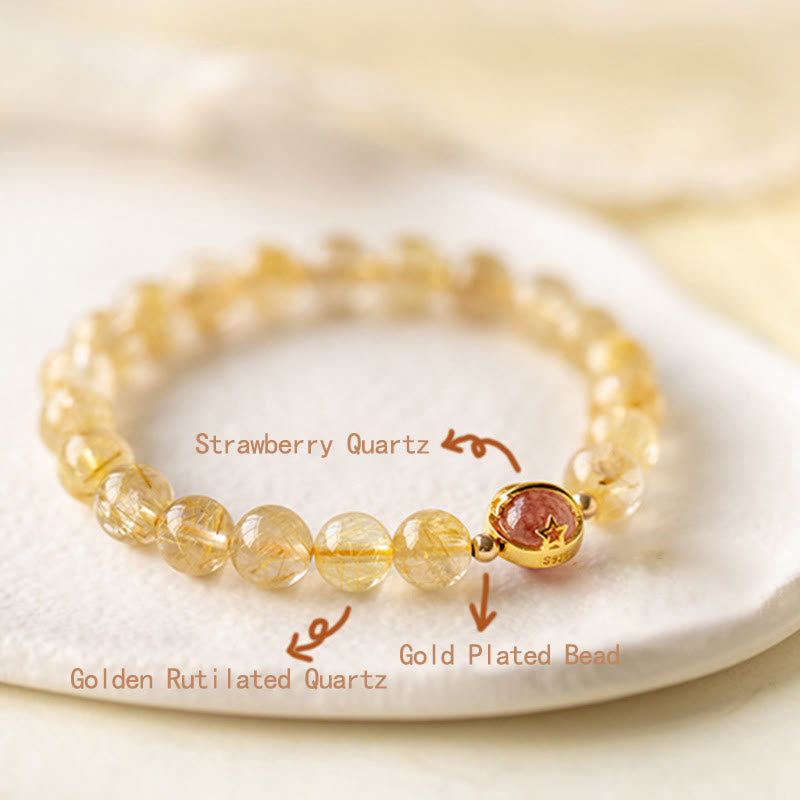Bracelet de protection en quartz rutile doré de 6 mm et quartz fraise