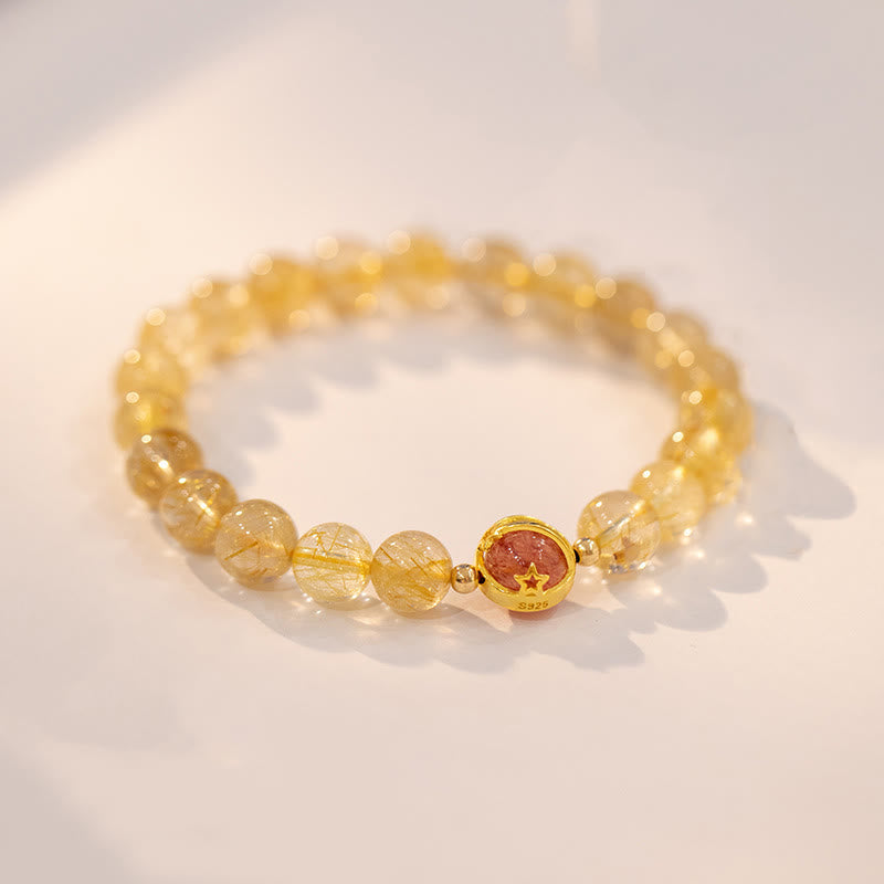Bracelet de protection en quartz rutile doré de 6 mm et quartz fraise